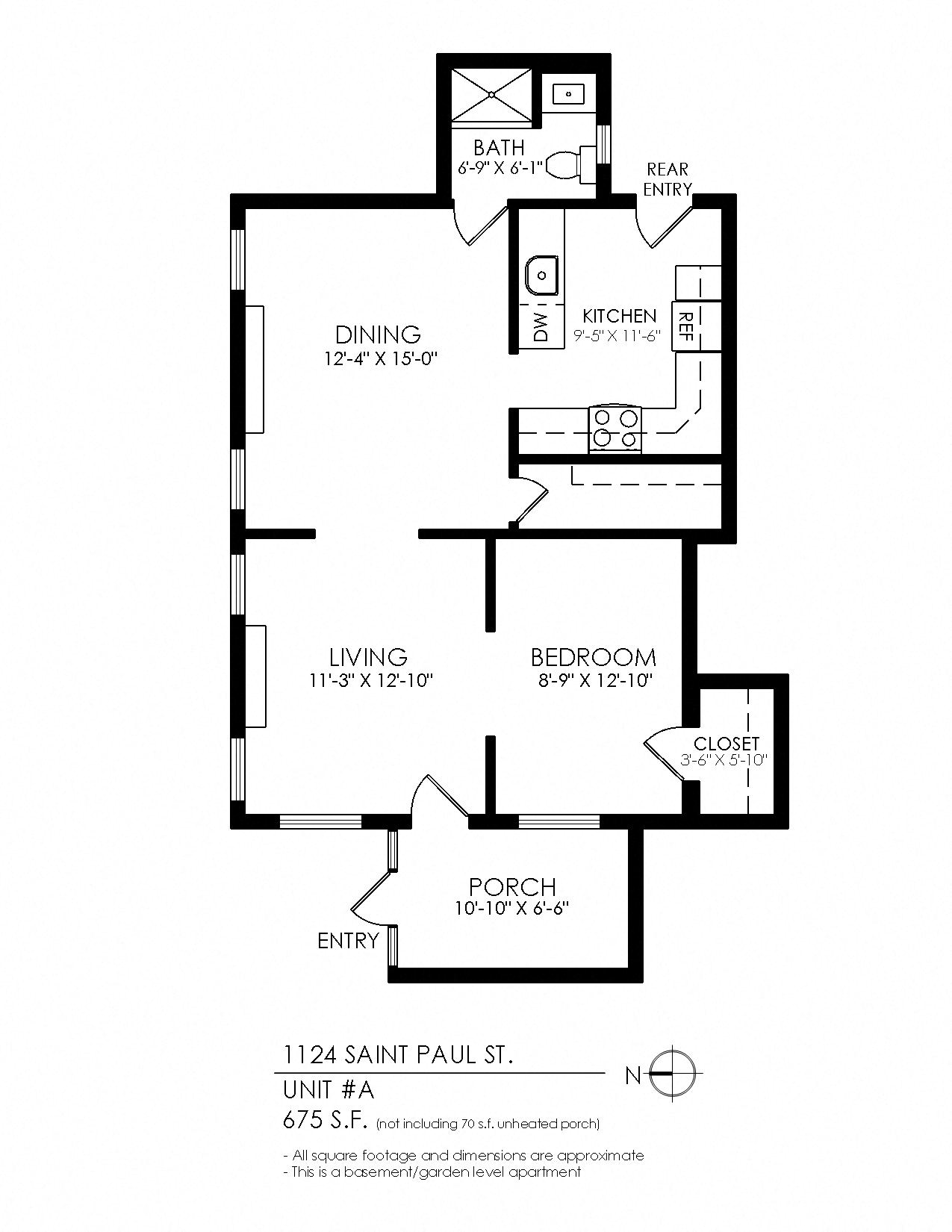 Floor plan for 1 bed, 1 bath, 675 sqft